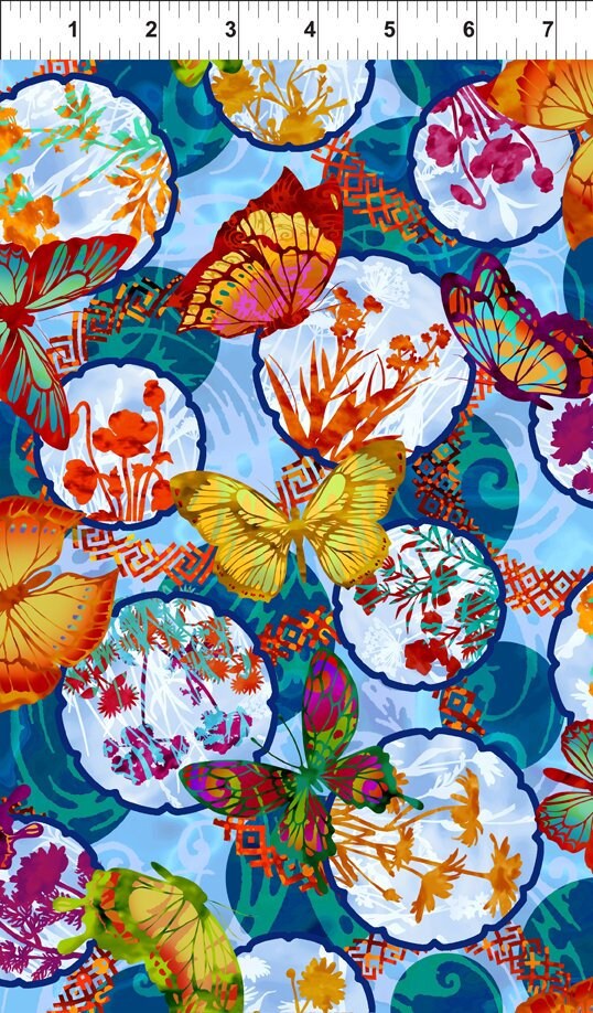 Dreamscapes by Jason Yenter Butterflies Floral in Aqua 3JYH-2 Cotton Woven Fabric