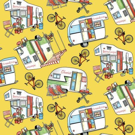 Happy Campers Campers and Bikes on Yellow 1334-44  Cotton Woven Fabrics