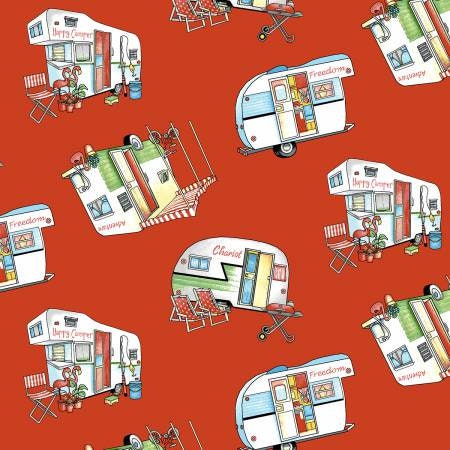 Happy Campers Red Tossed Campers 1336-88 Cotton Woven Fabrics