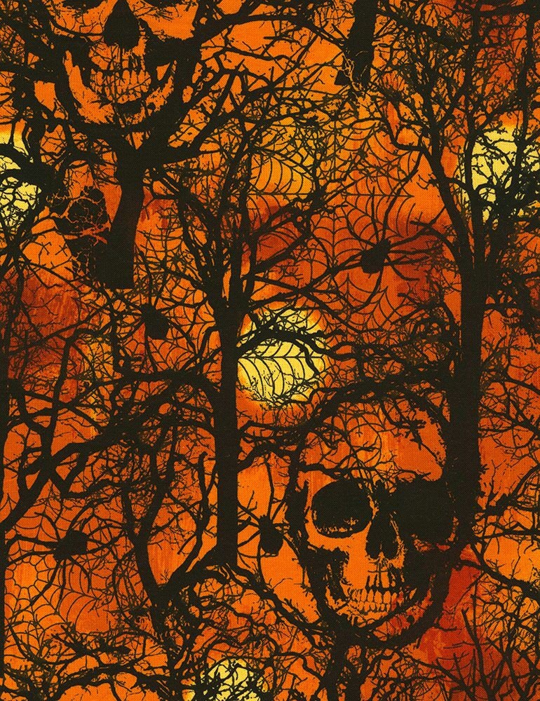 Orange Skulls and Trees Cotton Woven Fabric