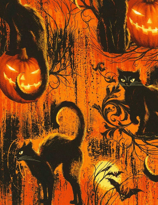 Fire Black Cats on Orange C5846 Cotton Woven Fabric