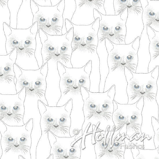 Cats Silver Cats on White Metallic Cotton Woven Fabric