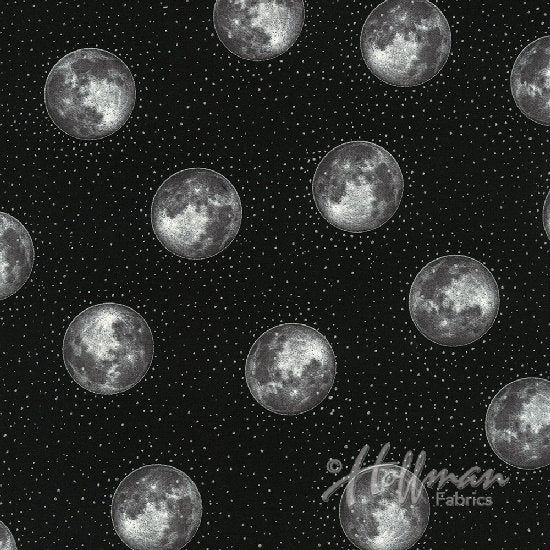 Cats Silver Moons on Black Metallic Cotton Woven Fabric