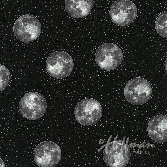Cats Silver Moons on Black Metallic Cotton Woven Fabric P4349 213.5 Onyx