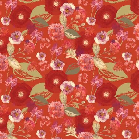 Mulberry Blooms by Sara B Big Blossom on Red Cotton Woven Fabric