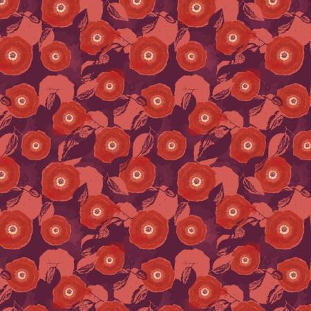 Mulberry Blooms by Sara B Poppy on Red Cotton Woven Fabric