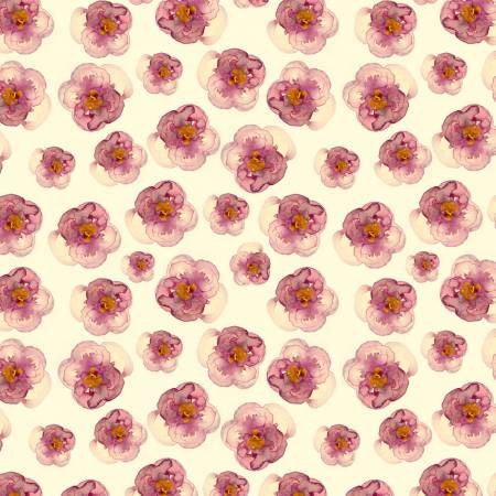 Mulberry Blooms by Sara B Pansies on Cream Cotton Woven Fabric