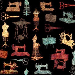 Seamless by Dan Morris Sewing Motifs on Black Cotton Woven Fabric