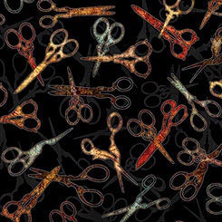 Seamless by Dan Morris Scissors on Black Cotton Woven Fabric