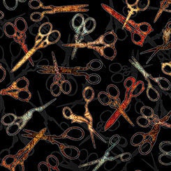 Seamless by Dan Morris Scissors on Black Cotton Woven Fabric