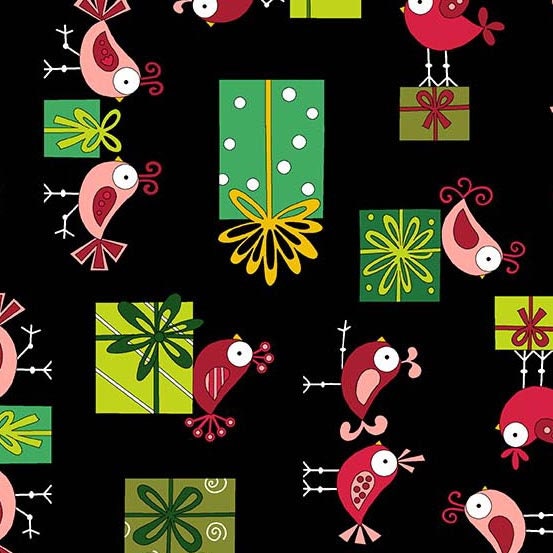 Holiday Tweets Tweets on Black with Presents 128-K Cotton Woven Fabric
