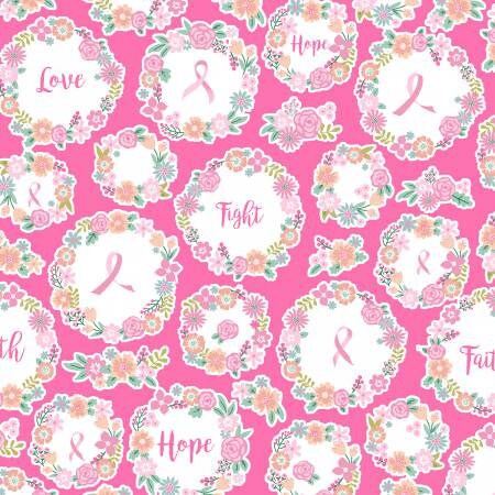 I Believe in Pink by Rosemarie Lavin Design Pink Faith, Hope, and Love, Pink Ribbon Cotton Woven Fabric