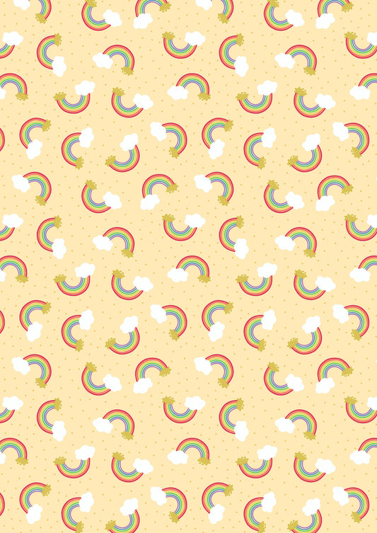Small Things Tossed Rainbows on Yellow with Gold Metallic SM8.2 Cotton Woven Fabric