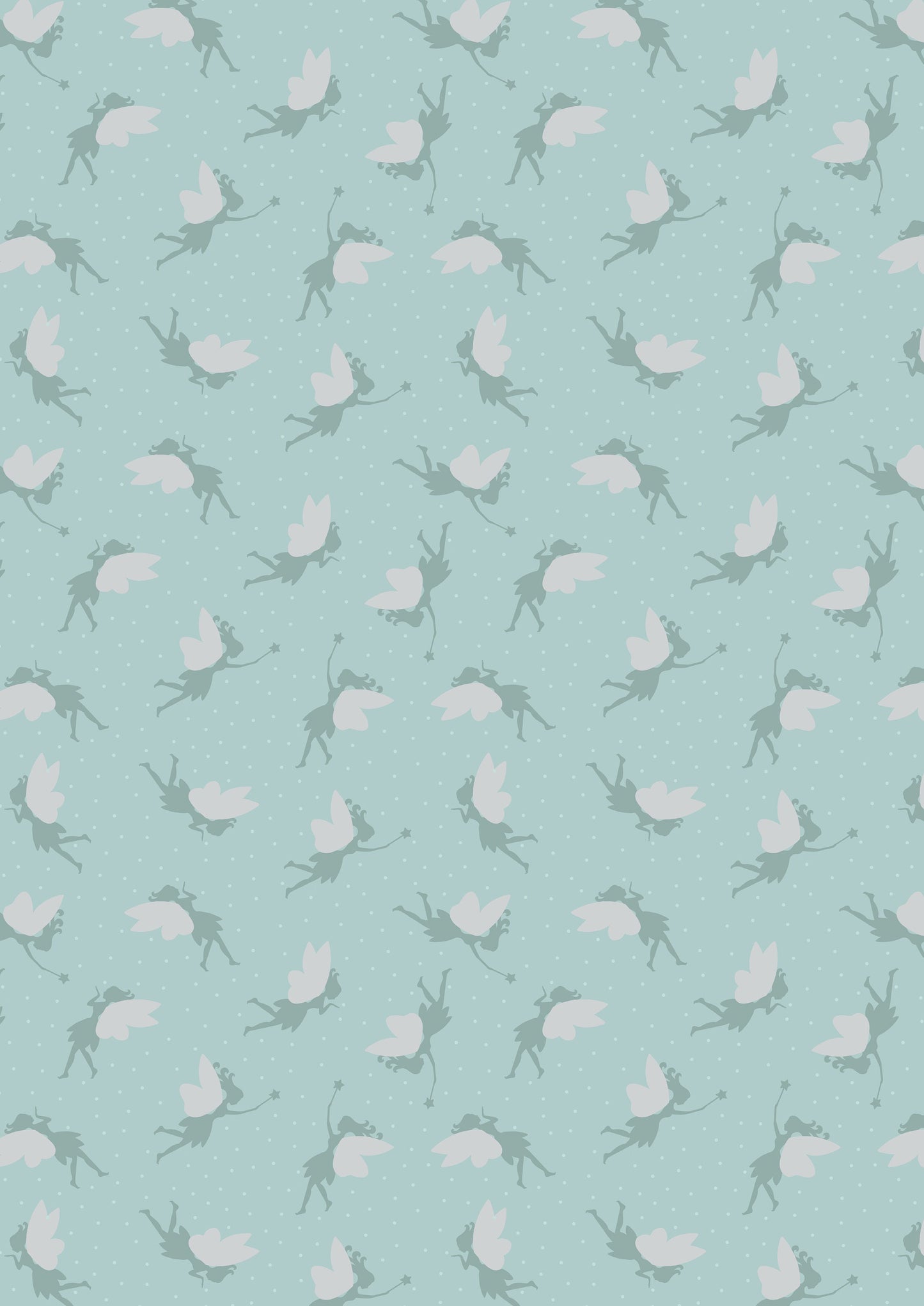 Small Things Tossed Fairies on Duck Egg Blue with Silver Metallic SM9.3 Cotton Woven Fabric