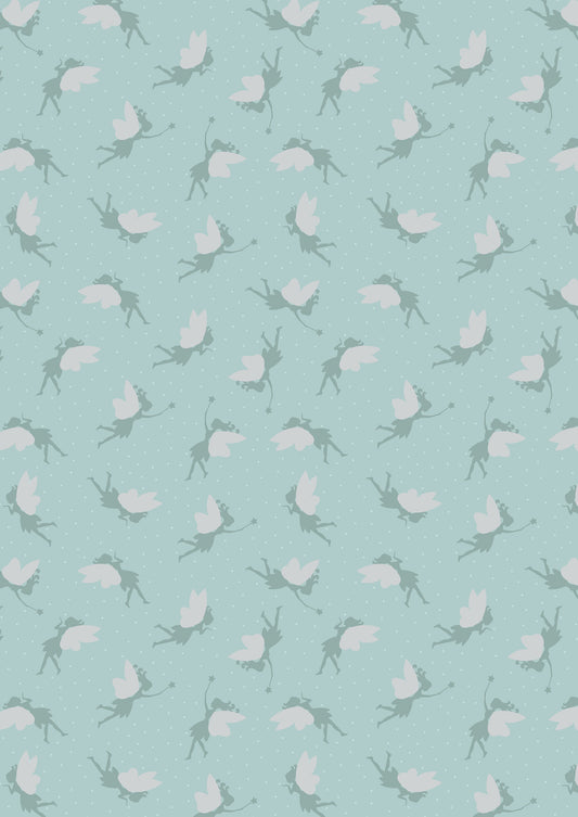 Small Things Tossed Fairies on Duck Egg Blue with Silver Metallic SM9.3 Cotton Woven Fabric