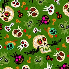Hot Tamale Tossed Skulls on Green 1649-26657G Cotton Woven Fabric