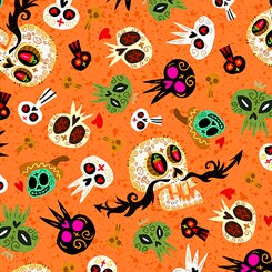 Hot Tamale Tossed Skulls on Orange 26657O Cotton Woven Fabric