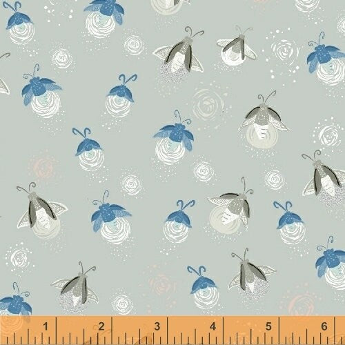 Night Hike by Heather Givens Light Grey Fireflies Metallic Cotton Woven Fabric