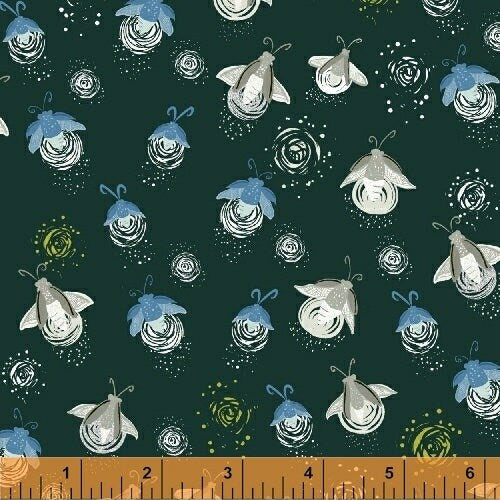 Night Hike by Heather Givens Green Fireflies Metallic Cotton Woven Fabric