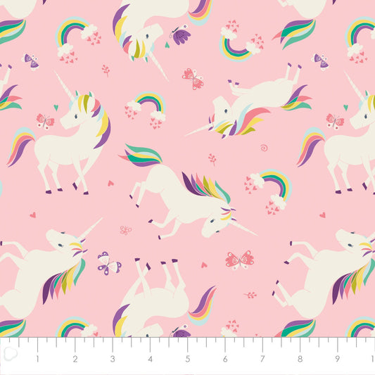 I Believe in Unicorns Unicorns & Rainbows in Pink 61170605-02 Cotton Woven Fabric