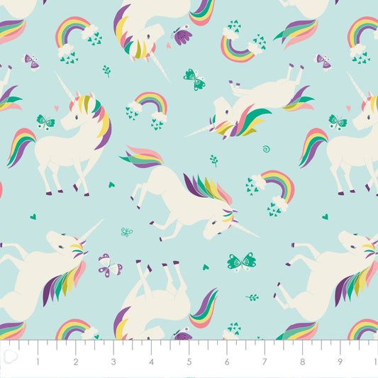 I Believe in Unicorns Unicorns & Rainbows in Aqua 678361638134 Cotton Woven