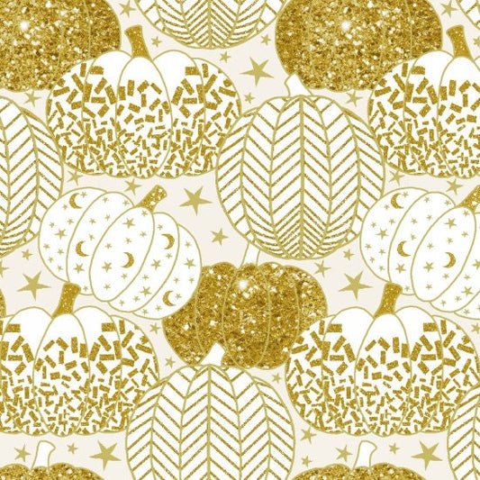 Midnight Spell by First Blush Studio Gold Metallic Pumpkins on White 6955M-44 Cotton Woven Fabric