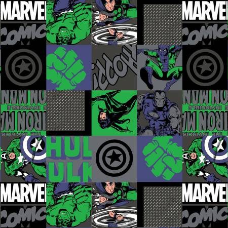 Marvel Retro Comic Avenger Unite Hero Blocks Green Cotton Woven Fabric