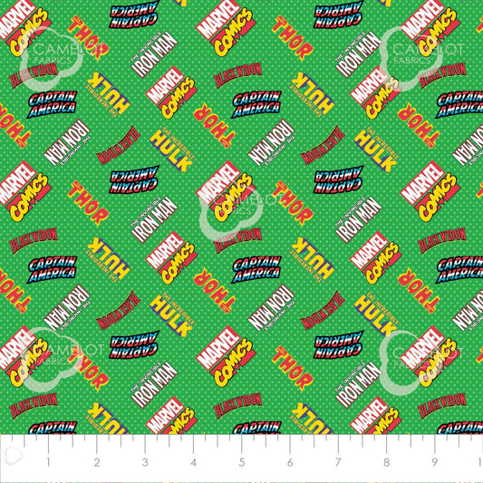 Marvel Retro Comic Avenger Unite Hero Logos Green Cotton Woven Fabric