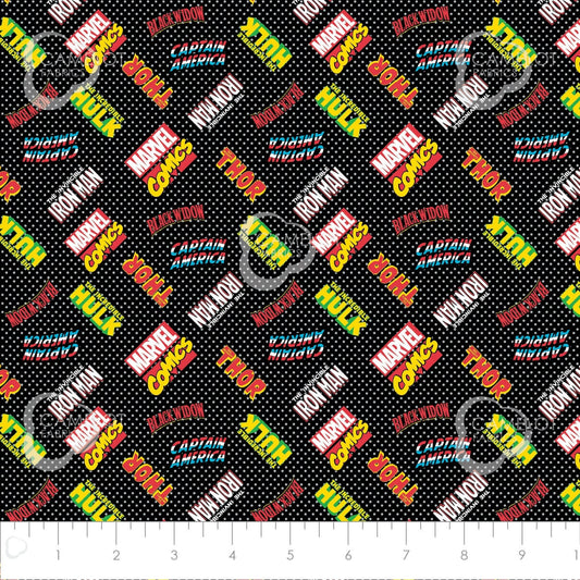 Marvel Retro Comic Avenger Unite Hero Logos Black 13020504-03 Cotton Woven Fabric