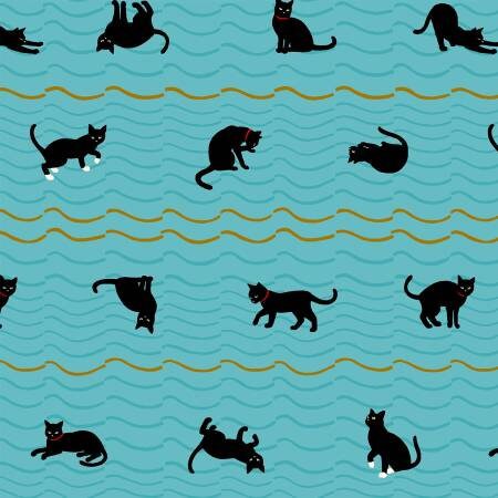 Hakka Ryoran Neko 4 Cats & Stripes Dark Teal Metallic Cotton Woven Fabric from Japan