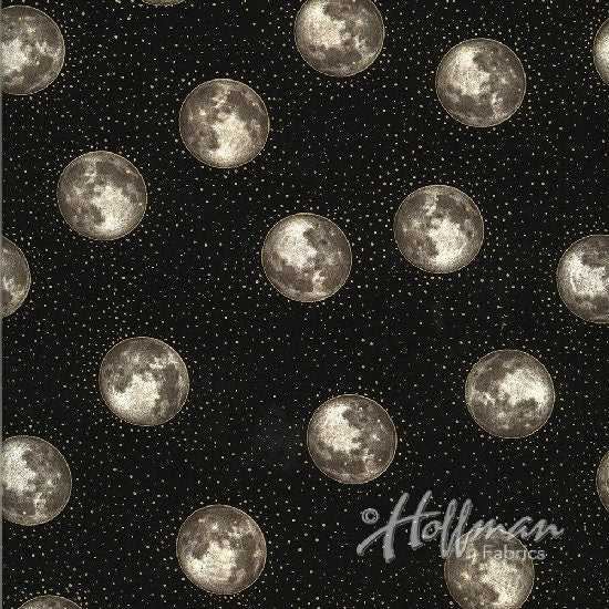 Cats Gold Moons on Black Metallic Cotton Woven Fabric