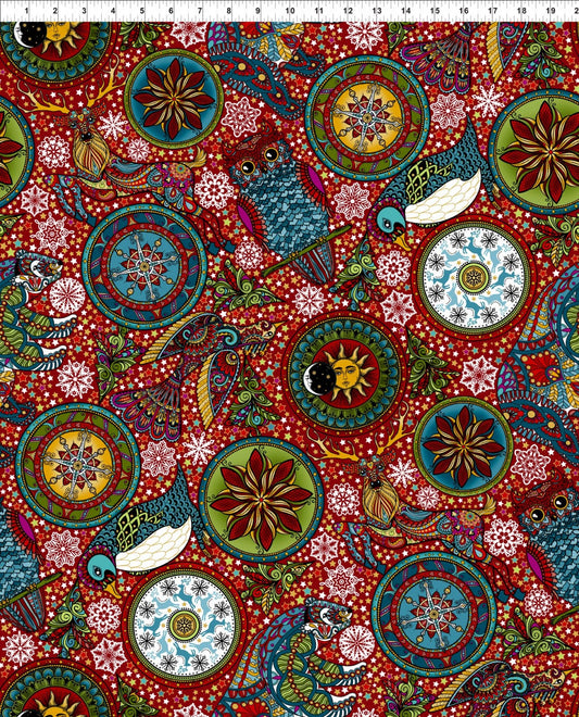 Celestial Winter by Jason Yenter Red 1ACW-2M Metallic Cotton Woven Fabric