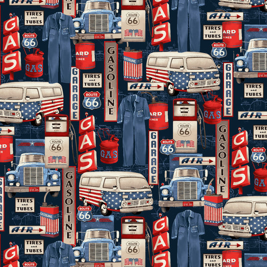 All American Road Trip Gas Icons Navy 4313-77 Cotton Woven Fabric