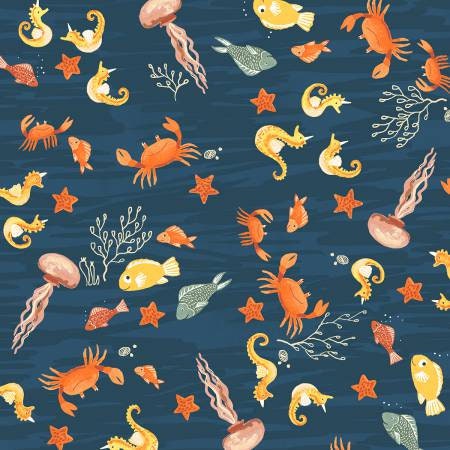 Deep Blue Sealife on Navy by Whistler Studio Cotton Woven Fabric