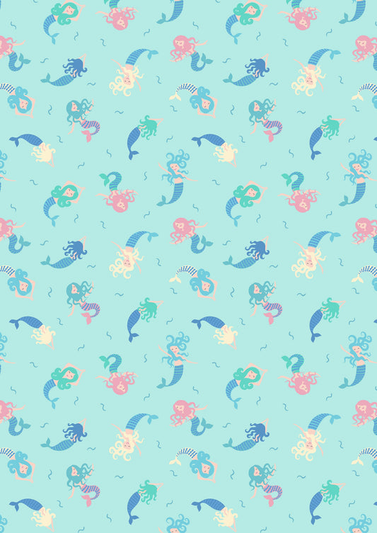 Small Things Tossed Mermaids on Light Blue with Pearlescent Metallic SM7.3 Cotton Woven Fabric