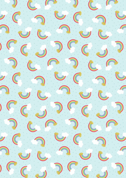 Small Things Tossed Rainbows on Pale Blue with Gold Metallic SM8.1 Cotton Woven Fabric
