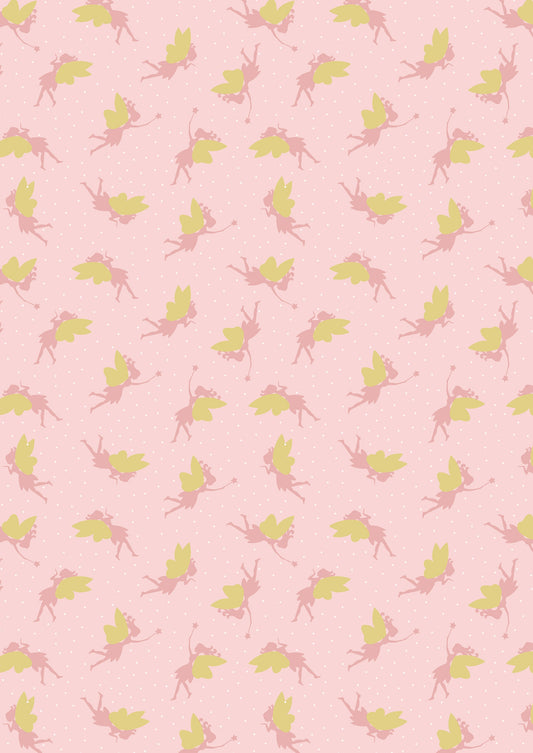 Small Things Tossed Fairies on Pink with Gold Metallic SM9.2 Cotton Woven Fabric