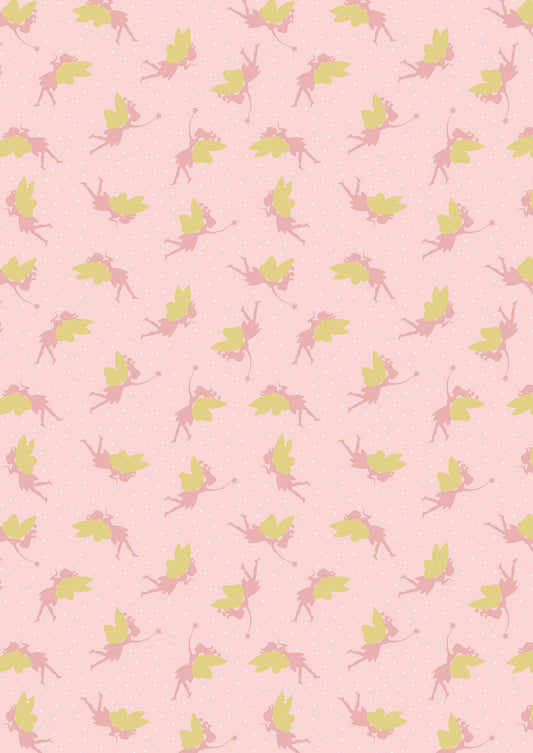 Small Things Tossed Fairies on Pink with Gold Metallic SM9.2 Cotton Woven Fabric