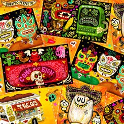 Hot Tamale Tossed Foodie Patches on Orange Cotton Woven Fabric