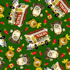 Hot Tamale Tossed Food on Dark Green 26656G Cotton Woven Fabric