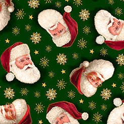 Christmas Eve Santa Faces Tossed on Green Metallic Cotton Woven Fabric