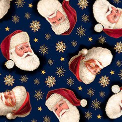 Christmas Eve Santa Faces Tossed on Navy Metallic Cotton Woven Fabric