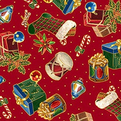 Christmas Eve Presents & Stockings on Red Metallic Cotton Woven Fabric 26628-R