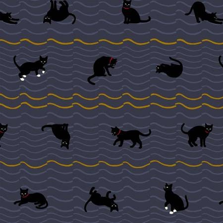 Hakka Ryoran Neko 4 Cats & Stripes Navy Metallic Cotton Woven Fabric from Japan