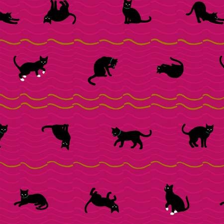 Hakka Ryoran Neko 4 Cats & Stripes Pink Metallic Cotton Woven Fabric from Japan