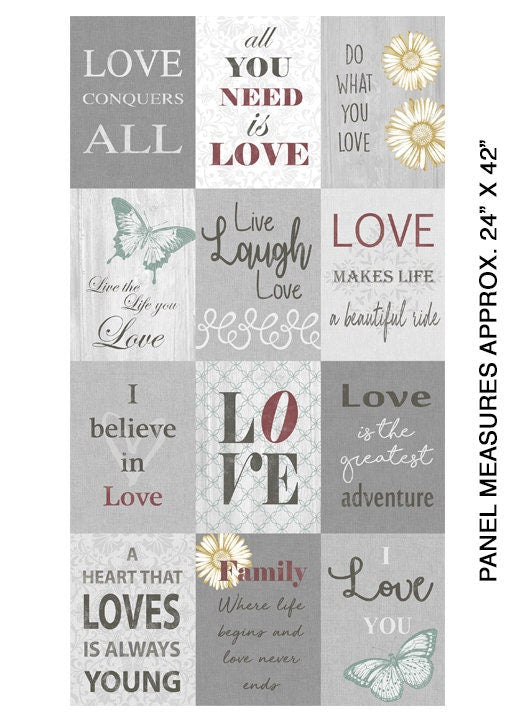 Words to Live By 24" Panel Love Grey 07702-99 Cotton Woven Panel