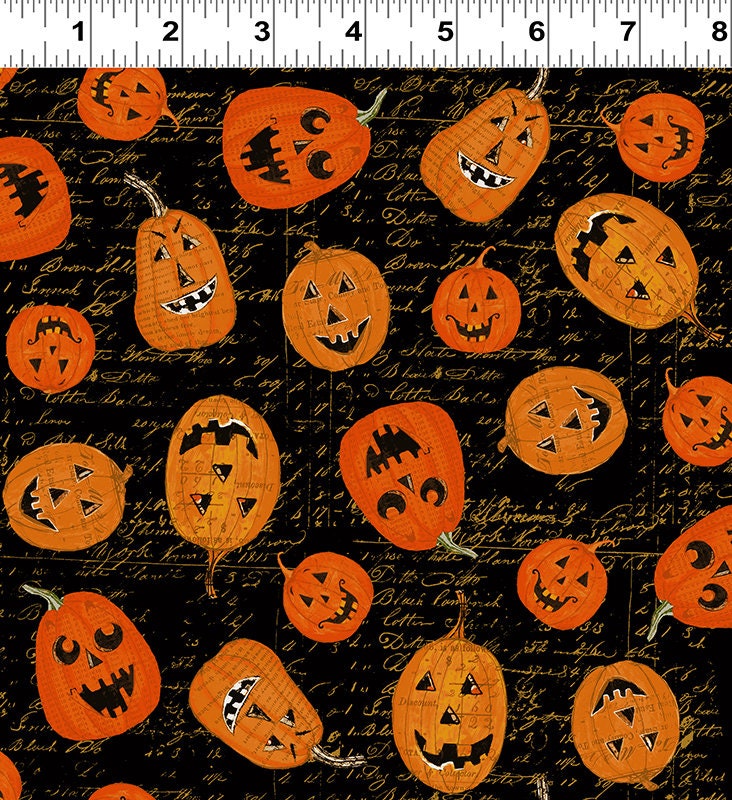 Something Wicked Pumpkins on Black Script y2426-3 Cotton Woven Fabric