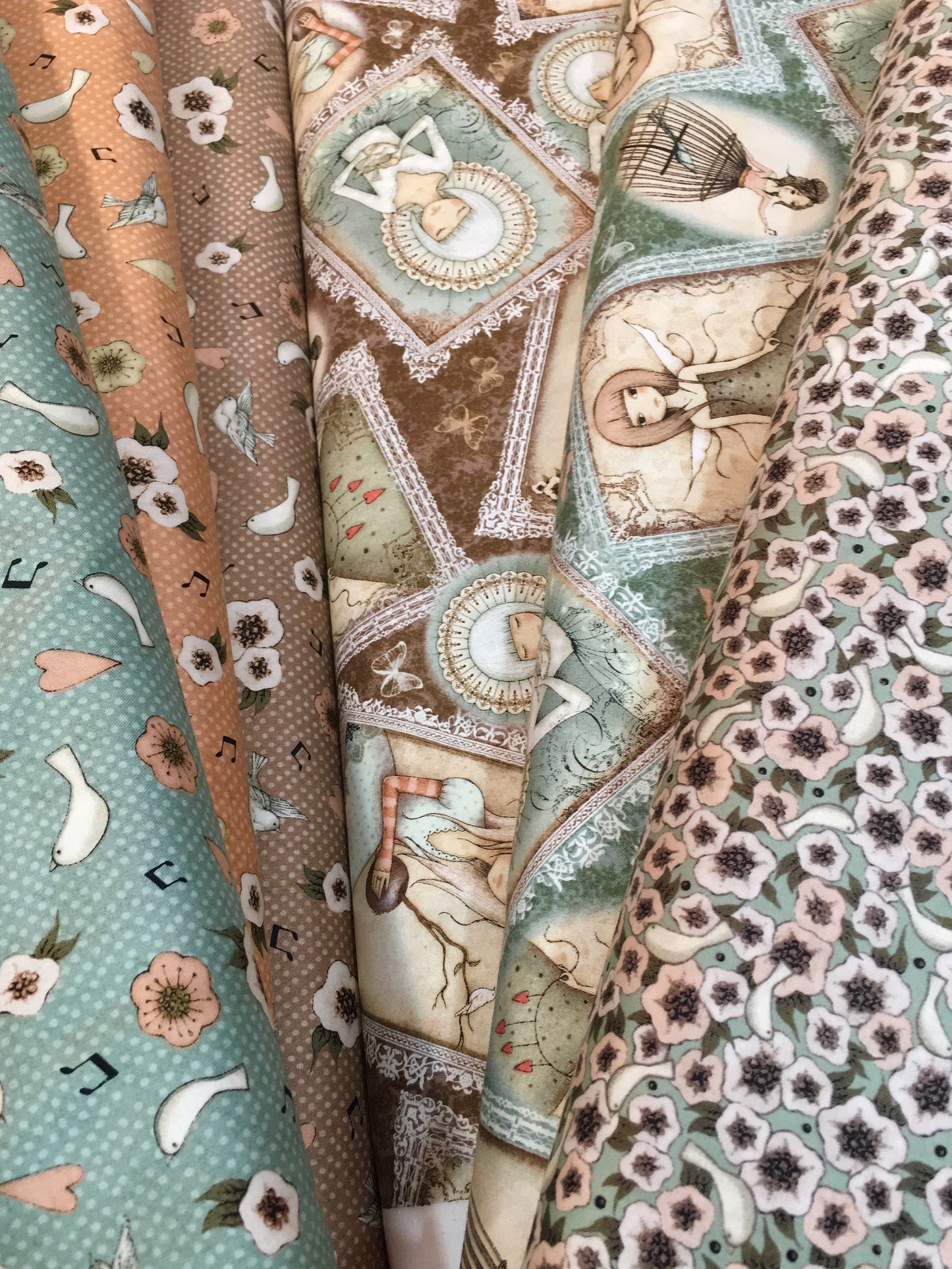 Santoro Gorjus Mirabelle, Lost Song, Flower & Dove Toss Teal 26709Q Cotton Woven Fabric