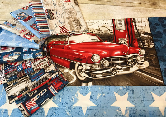 All American Road Trip Gas Icons Navy 4313-77 Cotton Woven Fabric