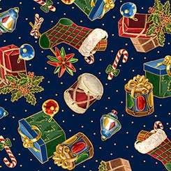 Christmas Eve Presents & Stockings on Navy Metallic Cotton Woven Fabric 26628-N